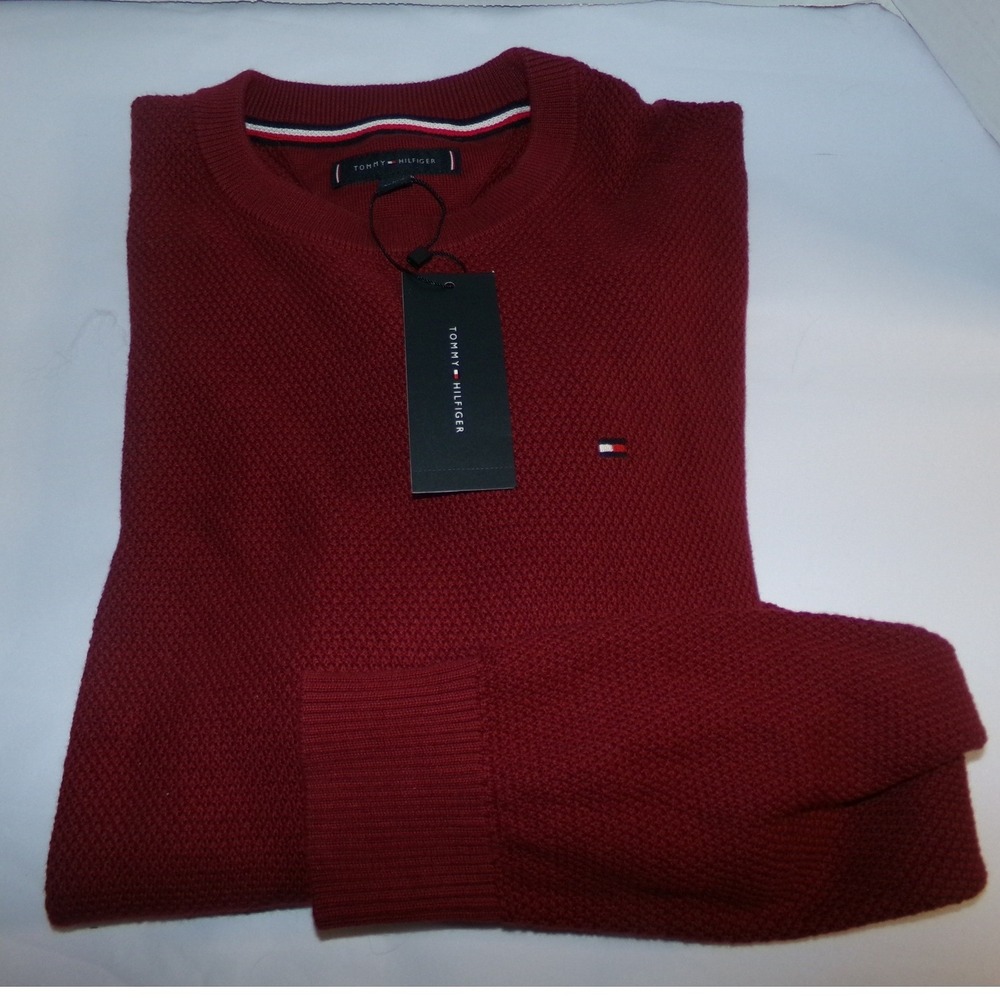 Tommy Hilfiger Mens MED Crew Neck Waffle Knit Sweater Burgundy Red Pullover NEW